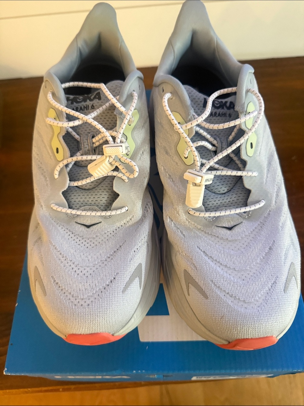 Hoka Light Gray Athletic Sneakers with Coral Toe and Lime Accents